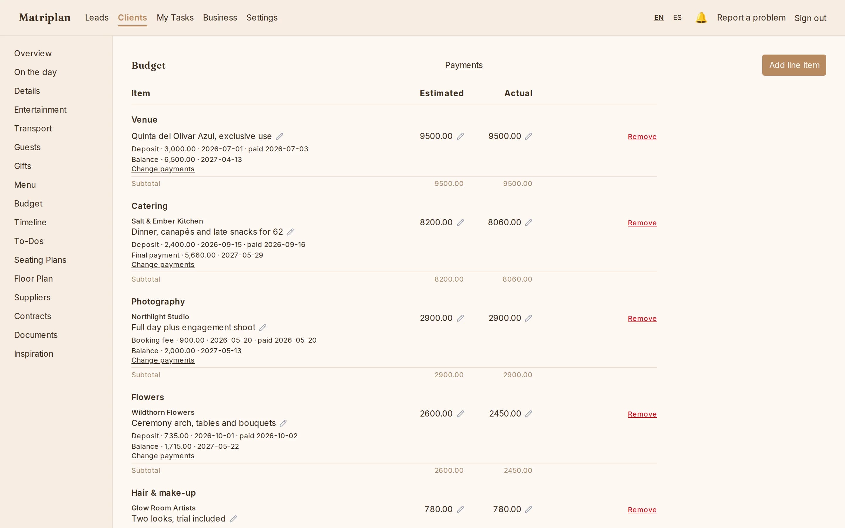 The wedding budget by category, with estimated and actual costs and each payment's due date and status.