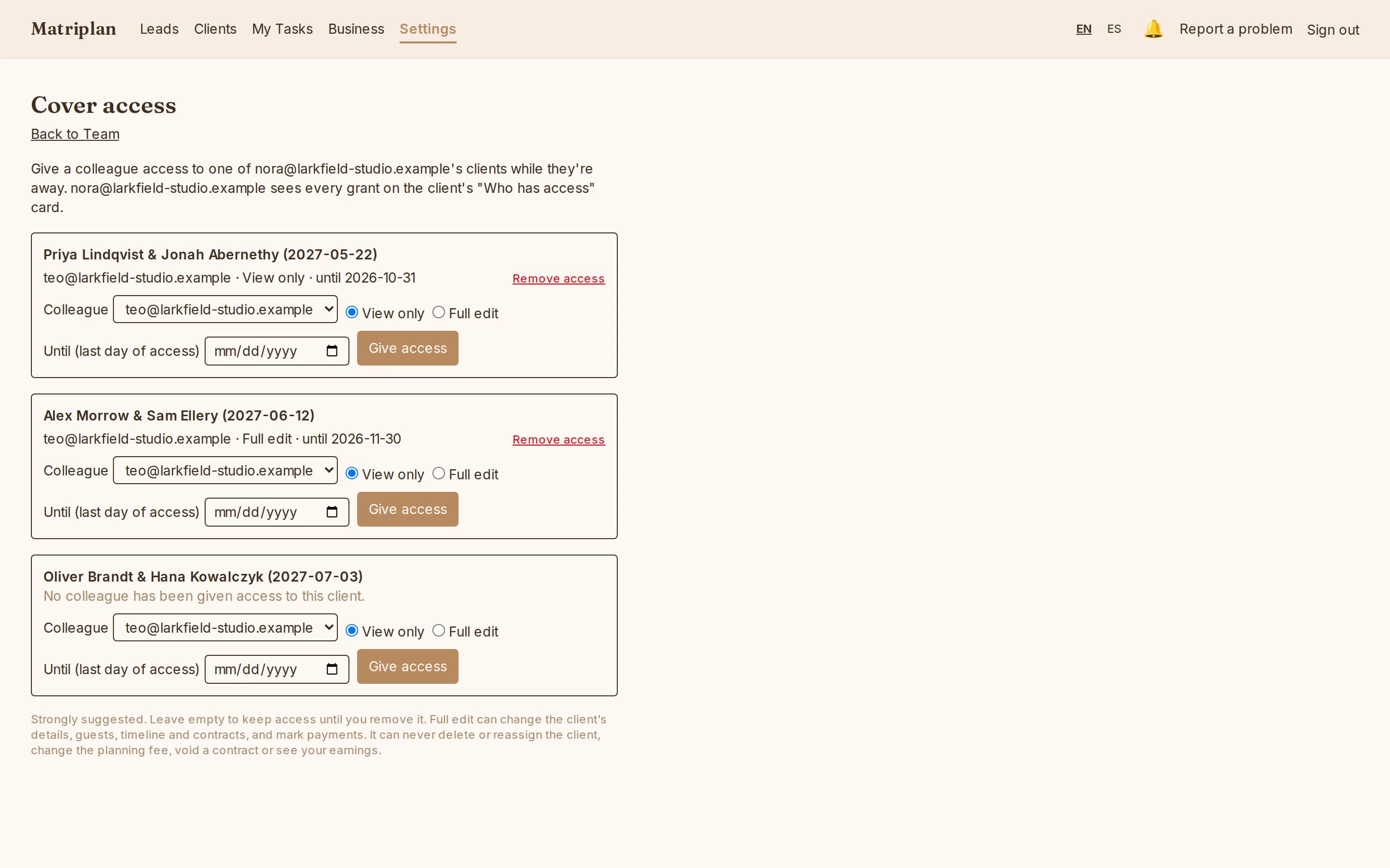 Cover access: giving a colleague view-only or full-edit access to a planner's clients until a set date.