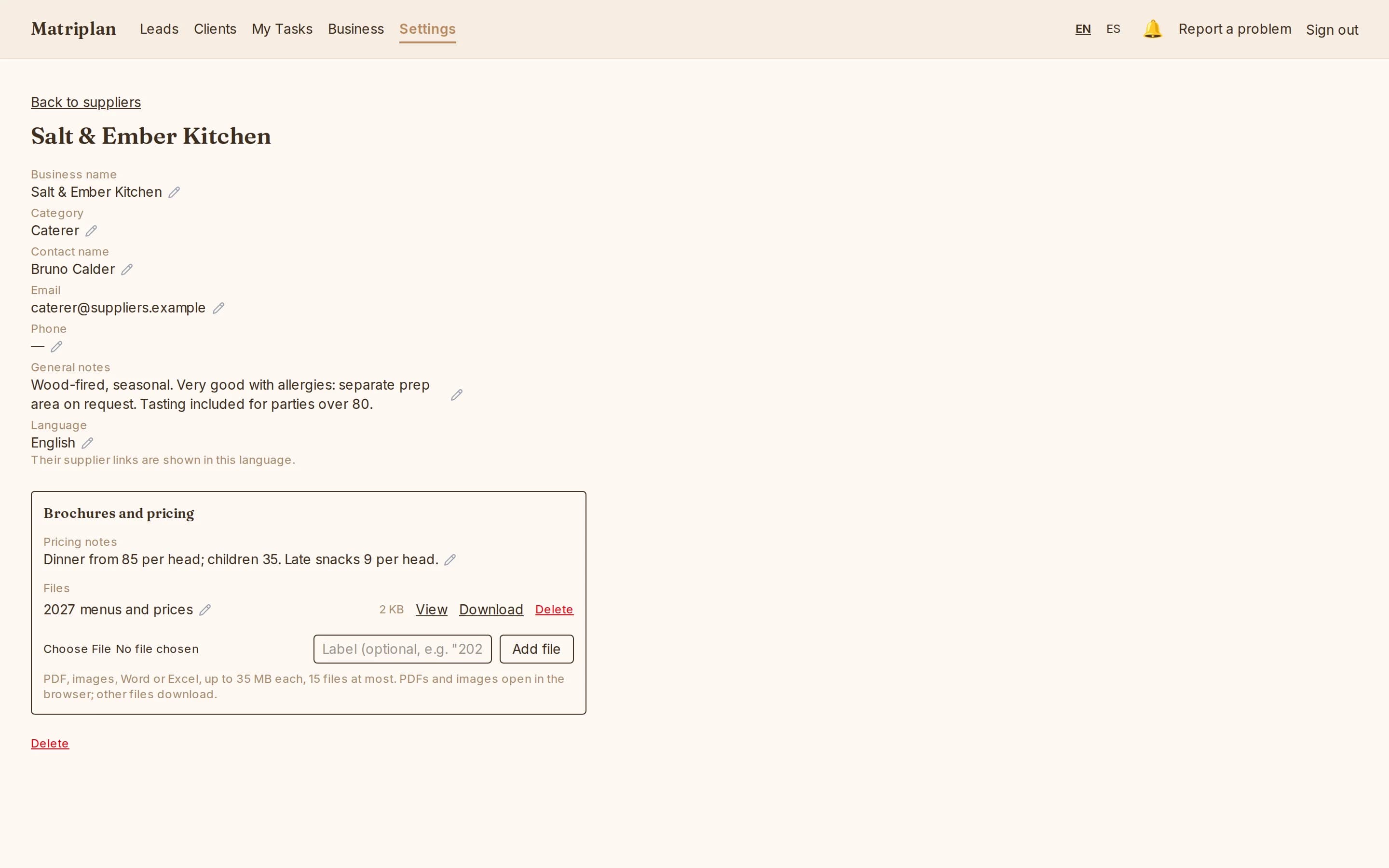 A supplier in the directory, with notes, pricing and their price list.