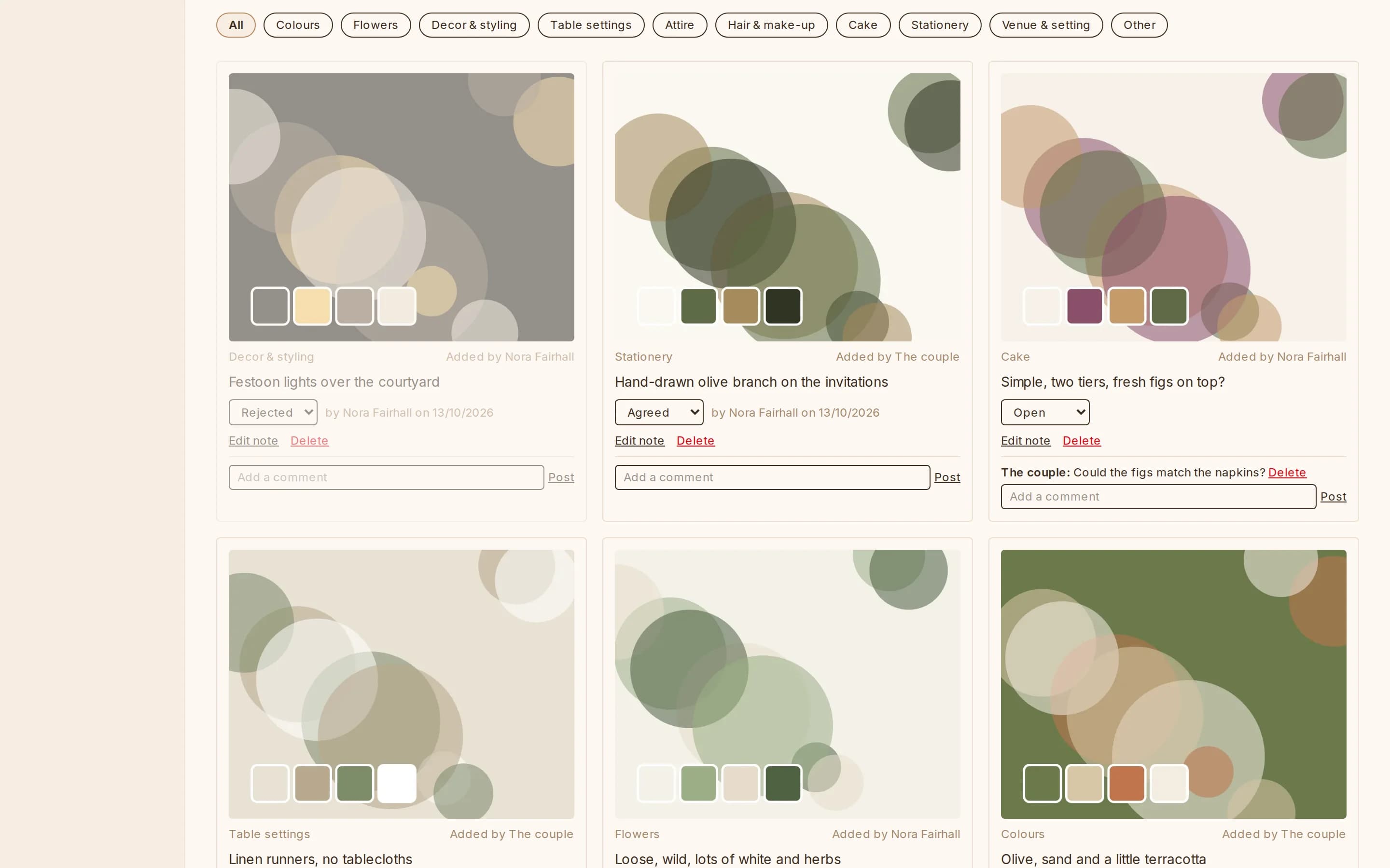 The inspiration board shared with the couple: ideas by category, marked agreed, open or rejected, with comments.