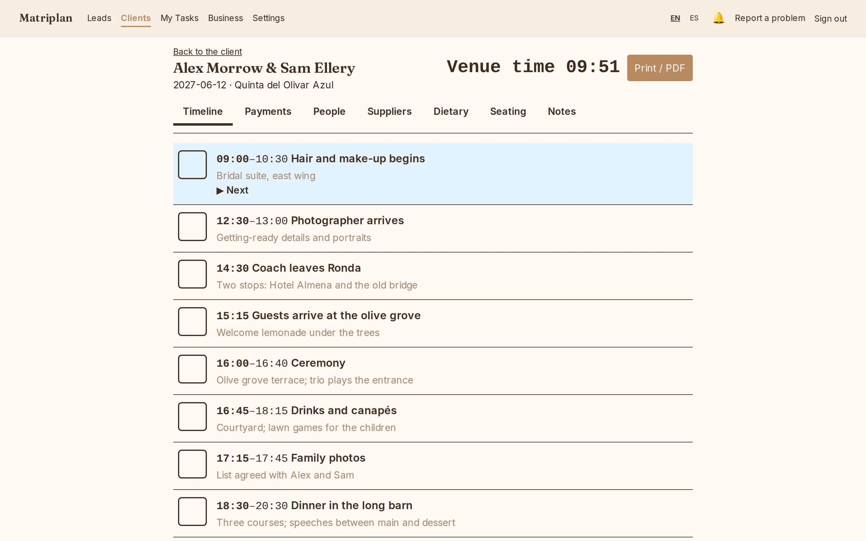 The On the day view: the day's timeline with times, notes and tick boxes, and tabs for payments, people, suppliers, dietary needs and seating.