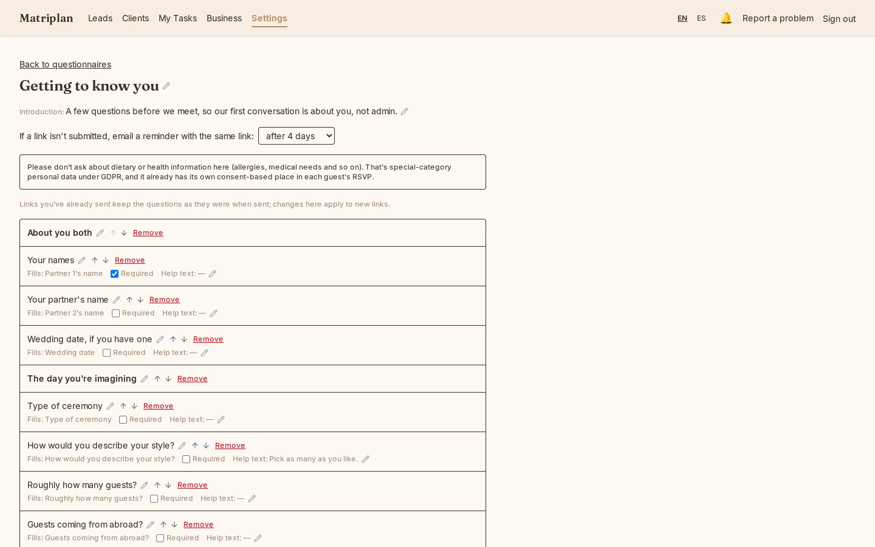 A questionnaire being built: sections and questions, each one filling a field on the client record.