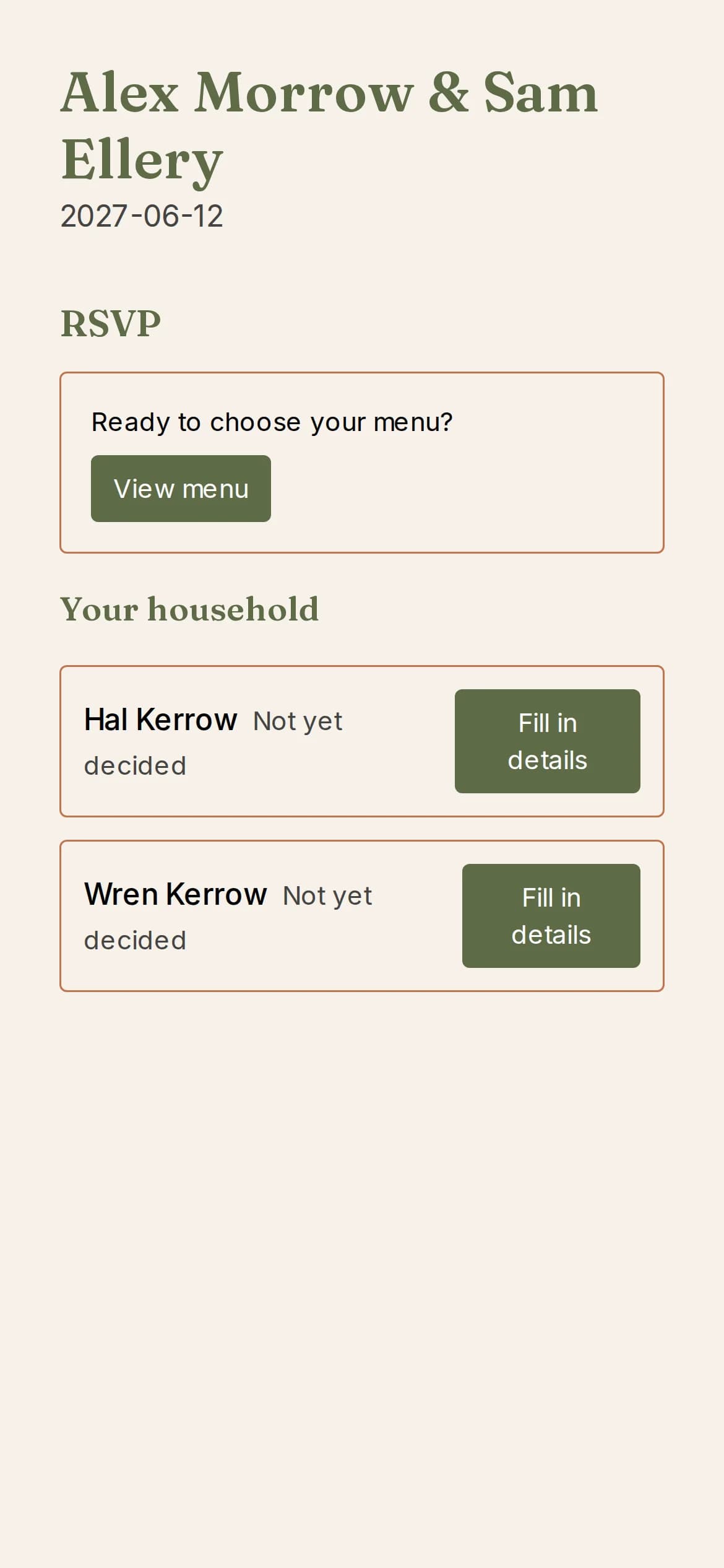 A household's RSVP page on a phone, with each guest to reply for.