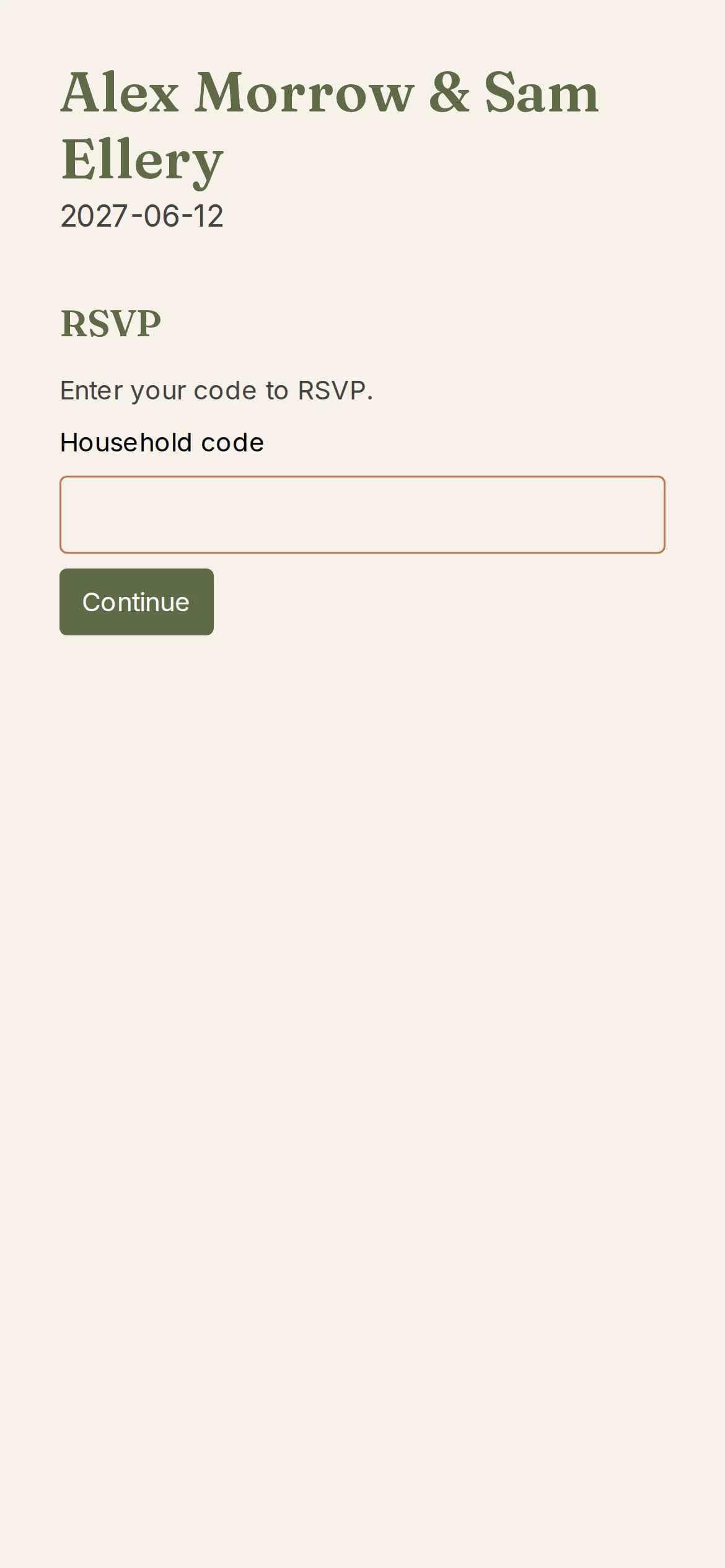 The couple's wedding site on a phone, asking for the household code to RSVP.
