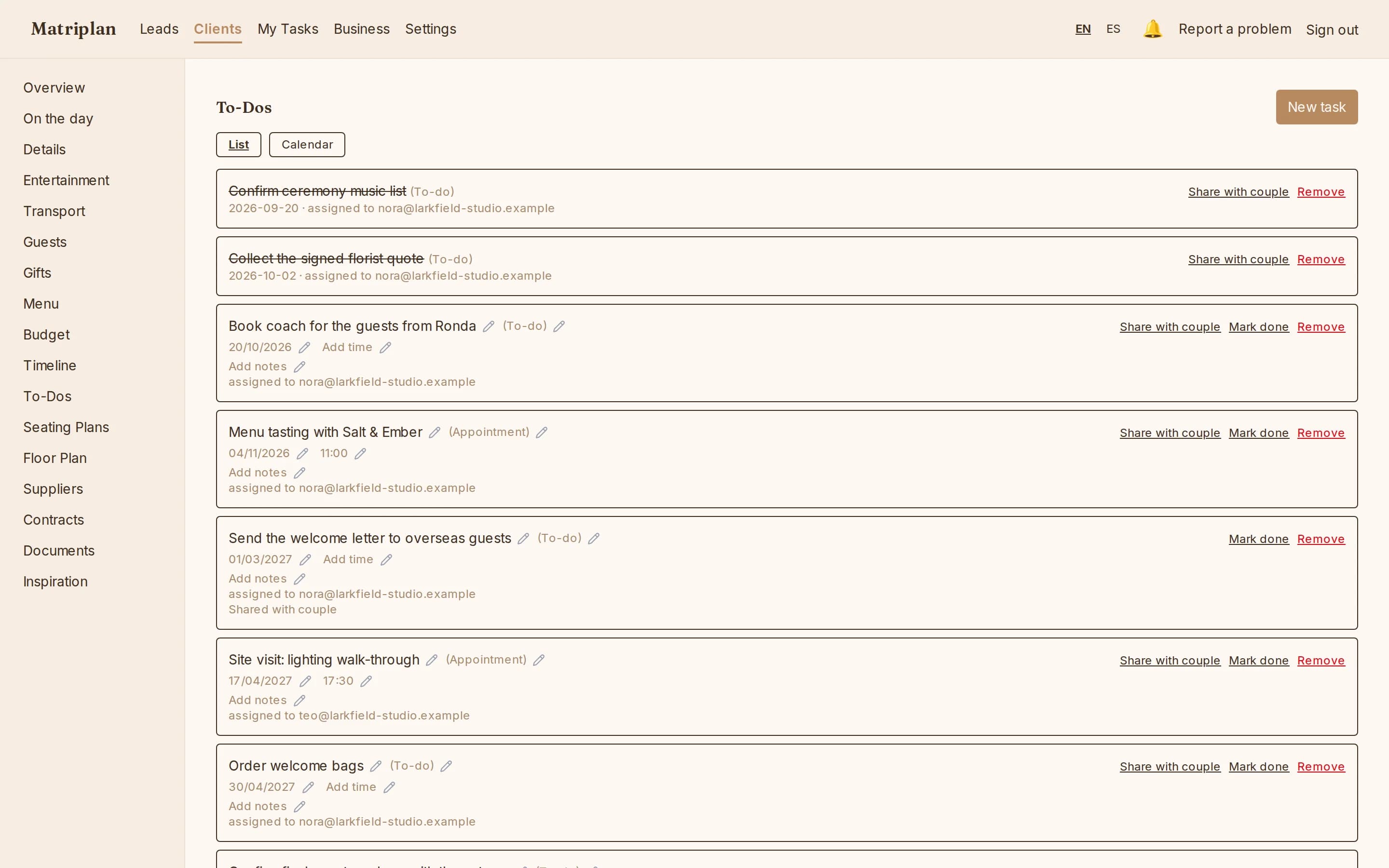 The wedding's to-do list with due dates, appointments and who each task is assigned to.