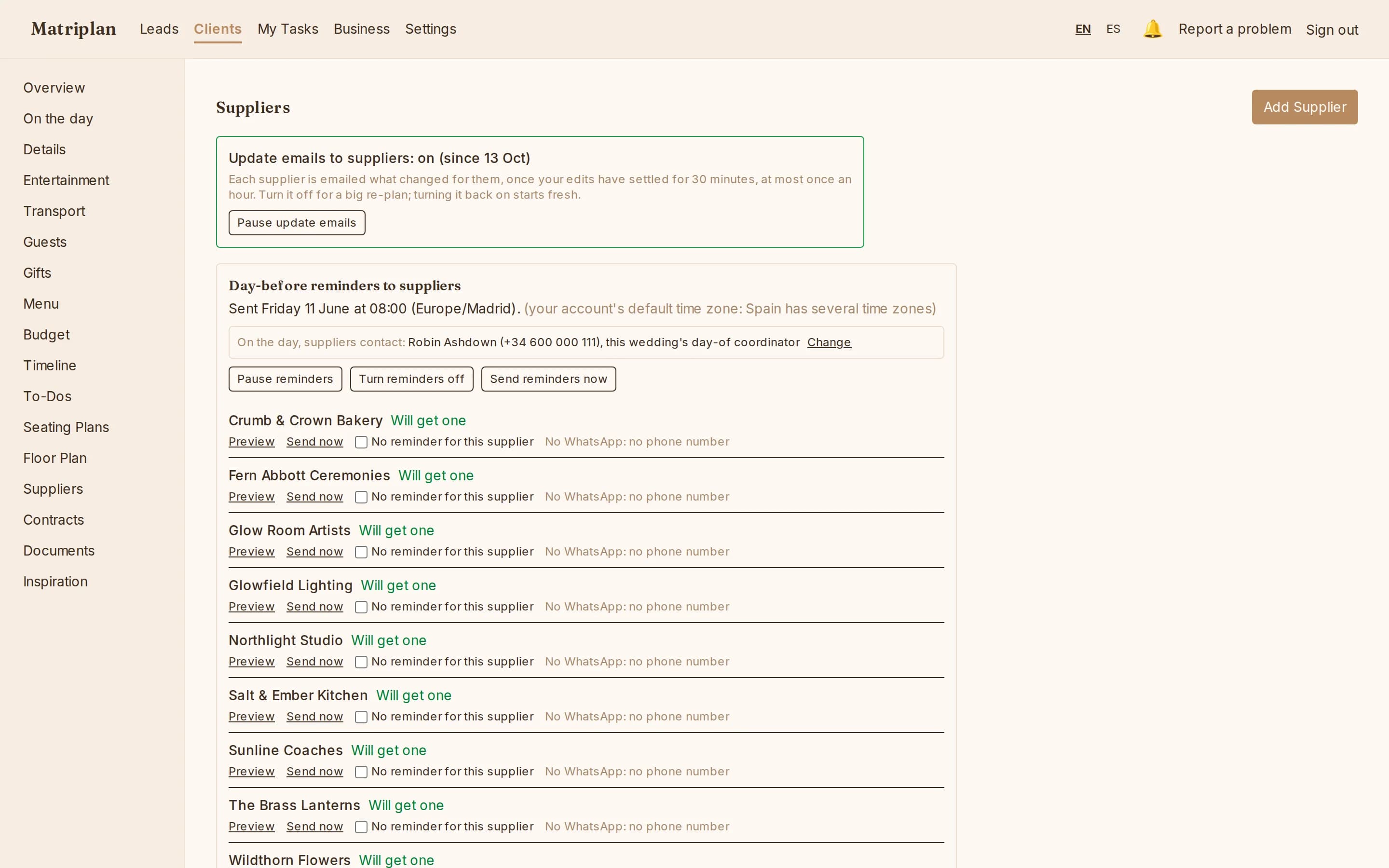 The wedding's suppliers: update emails on, and a day-before reminder ready for each one.